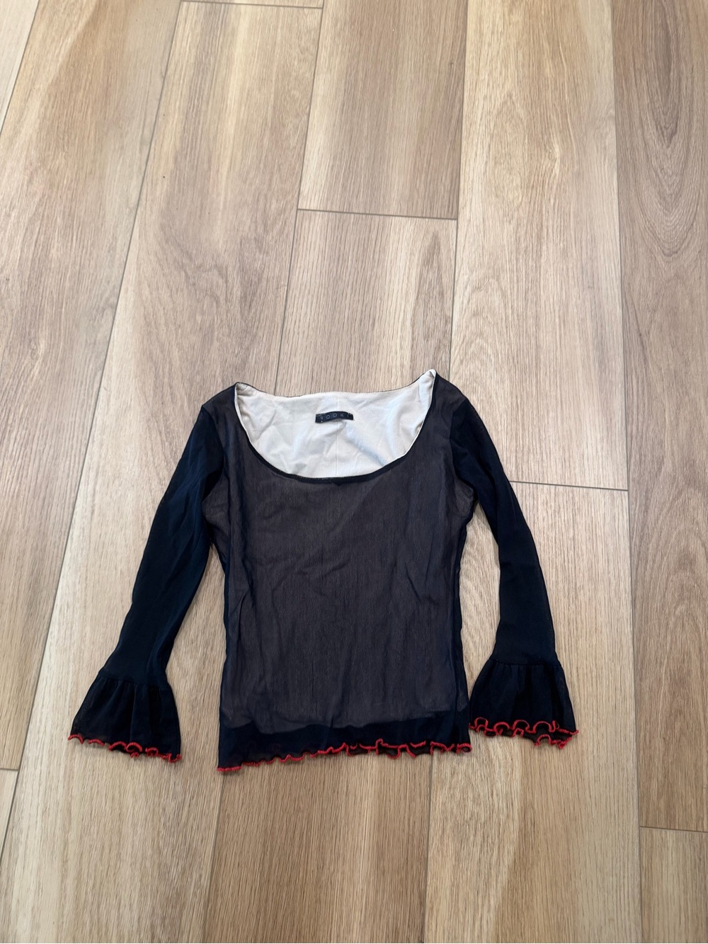 Sooki Y2K Sheer micro mesh Black Long-Sleeve Top with Red Trim